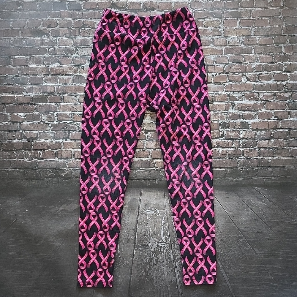 LuLaRoe Girls' Pink Ribbon Print Leggings - Tween